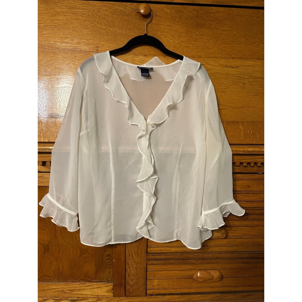 Venezia Jeans White Sheer Ruffle Button Front Blouse Size 14 Coquette Boho Chic